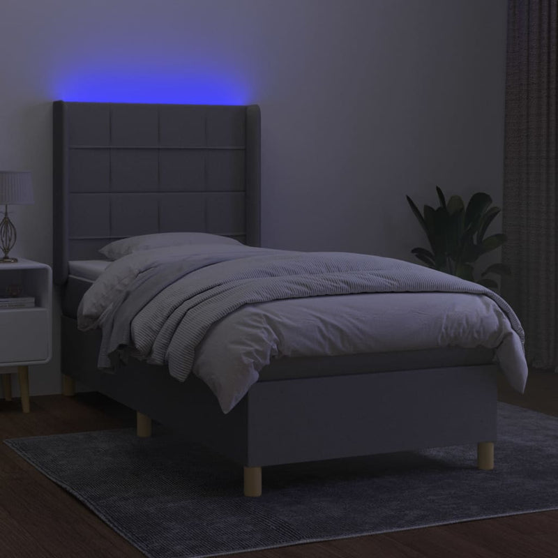 Pat cu arcuri, saltea și LED, gri deschis, 90x200 cm, textil