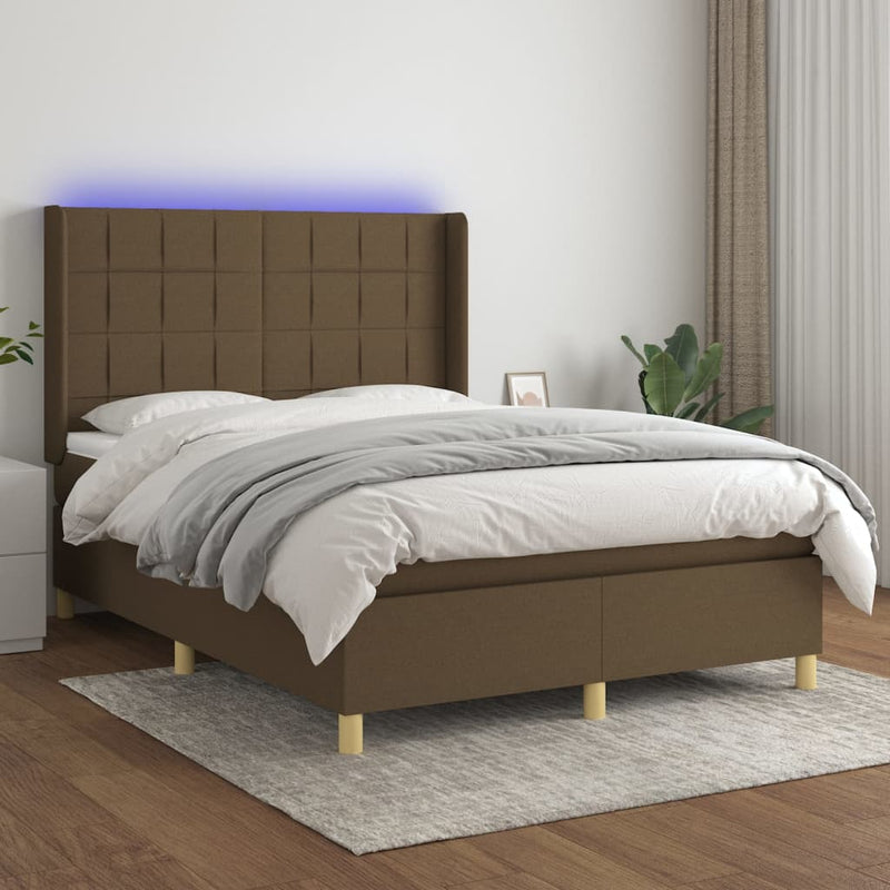 Pat cu arcuri, saltea și LED, maro închis, 140x200 cm, textil