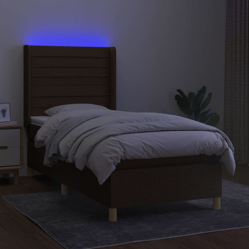 Pat cu arcuri, saltea și LED, maro închis, 90x190 cm, textil