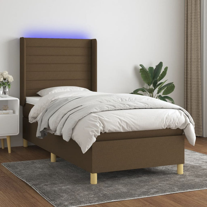 Pat cu arcuri, saltea și LED, maro închis, 90x190 cm, textil