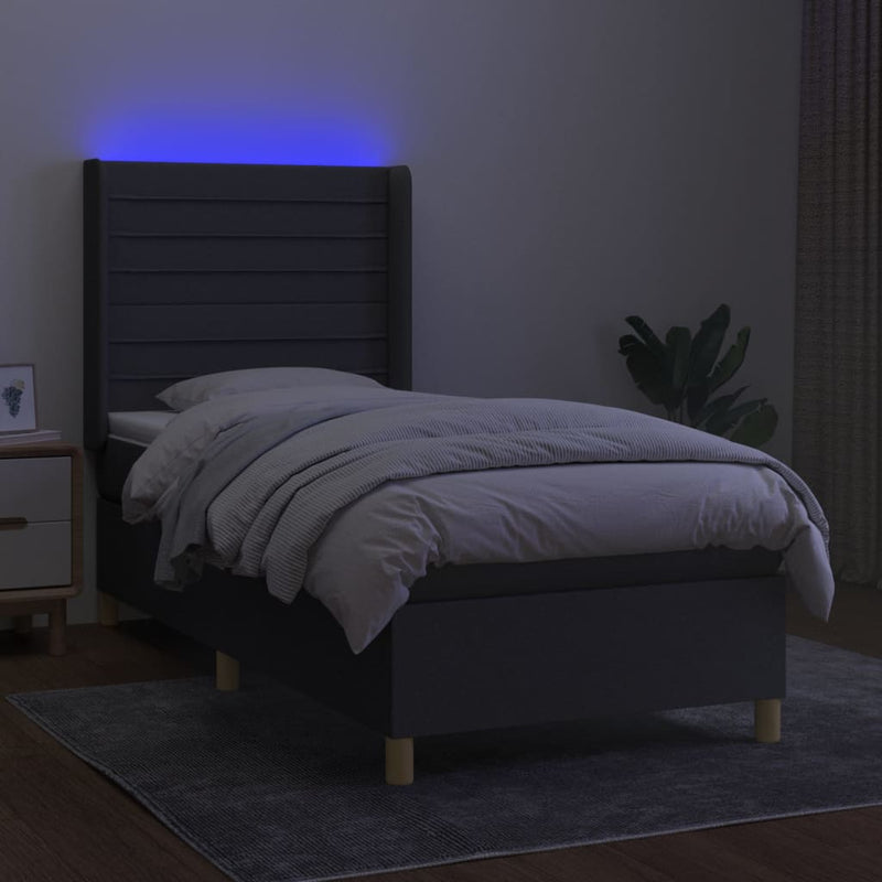 Pat cu arcuri, saltea și LED, gri închis, 100x200 cm, textil