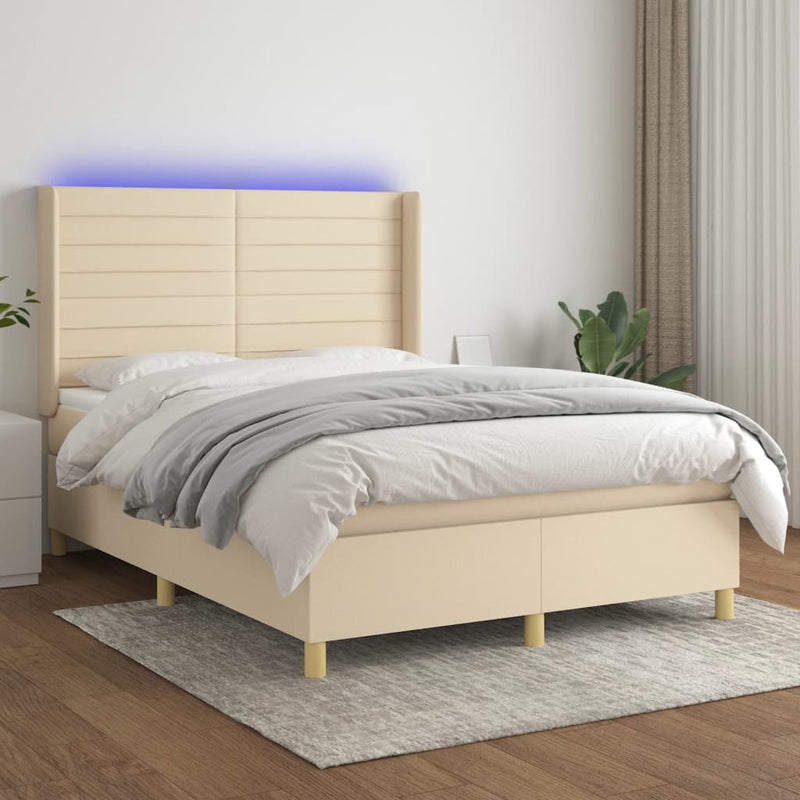 Pat cu arcuri, saltea și LED, crem, 140x190 cm, textil