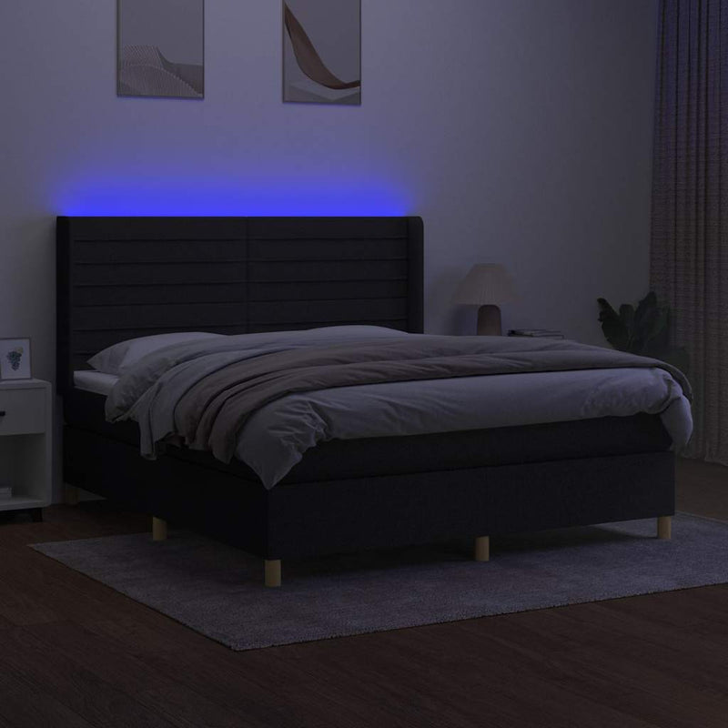 Pat cu arcuri, saltea și LED, negru, 160x200 cm, textil