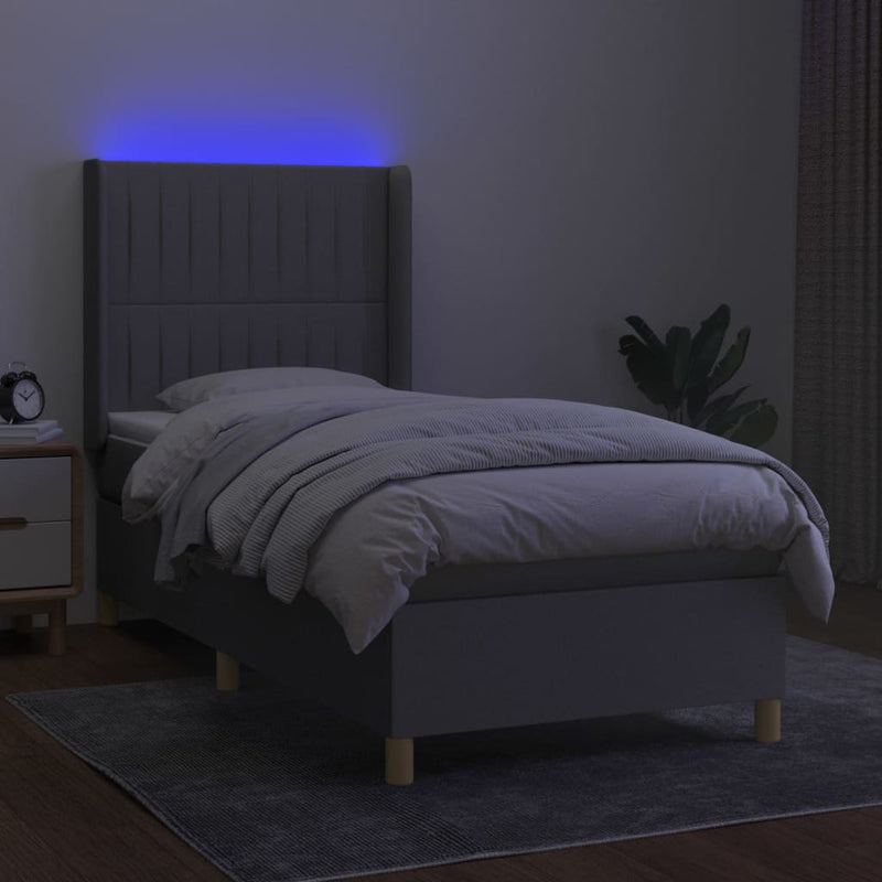 Pat cu arcuri, saltea și LED, gri deschis, 100x200 cm, textil