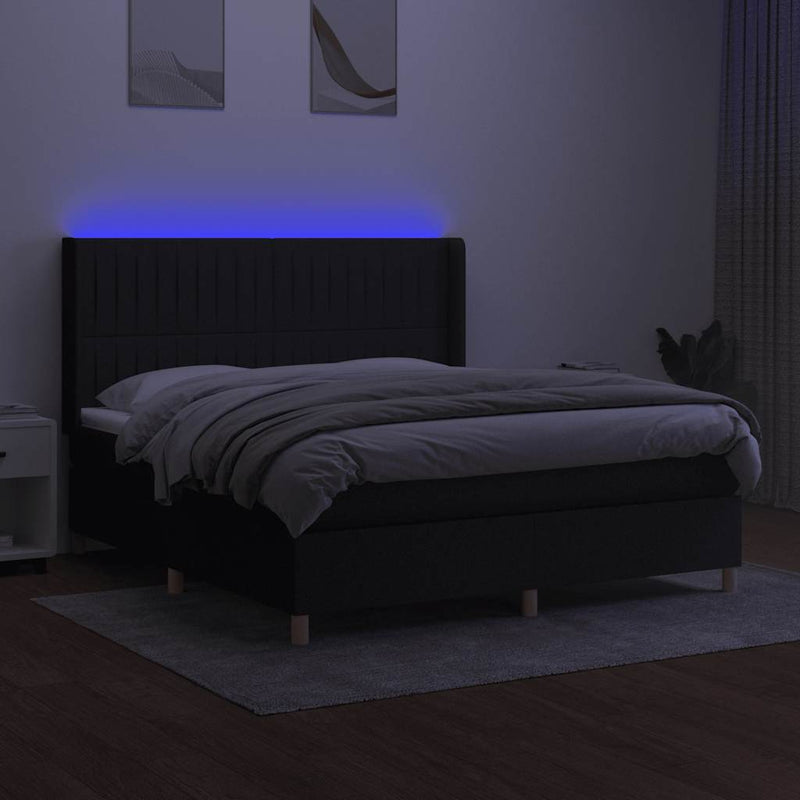 Pat cu arcuri, saltea și LED, negru, 160x200 cm, textil