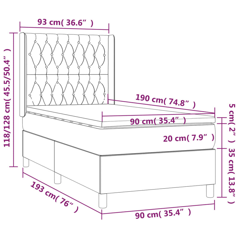 Pat cu arcuri, saltea și LED, gri închis, 90x190 cm, textil