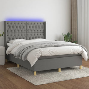 Pat cu arcuri, saltea și LED, gri închis, 140x190 cm, textil