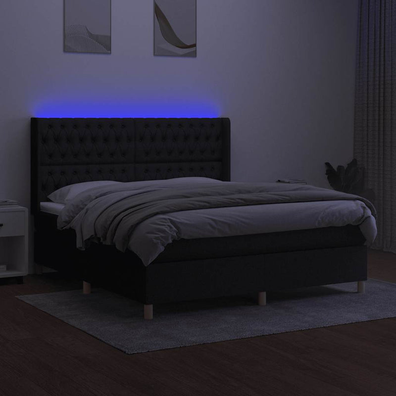 Pat cu arcuri, saltea și LED, negru, 160x200 cm, textil