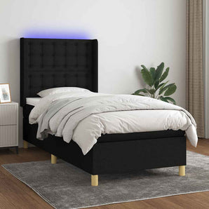 Pat cu arcuri, saltea și LED, negru, 90x200 cm, textil