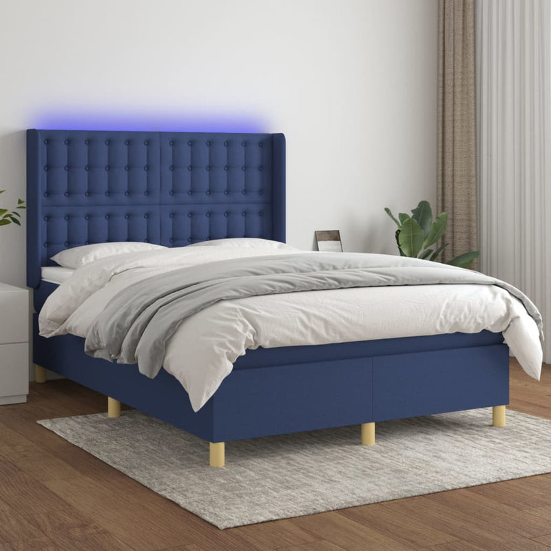 Pat cu arcuri, saltea și LED, albastru, 140x190 cm, textil