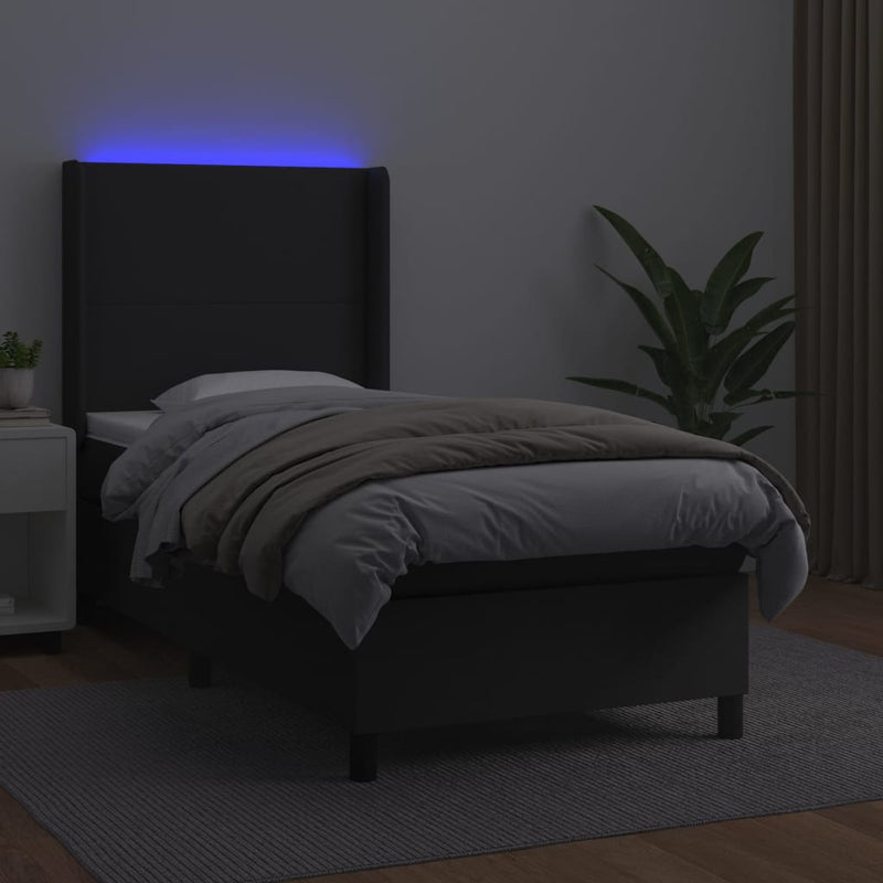 Pat continental cu saltea & LED, negru, 80x200 cm, piele eco