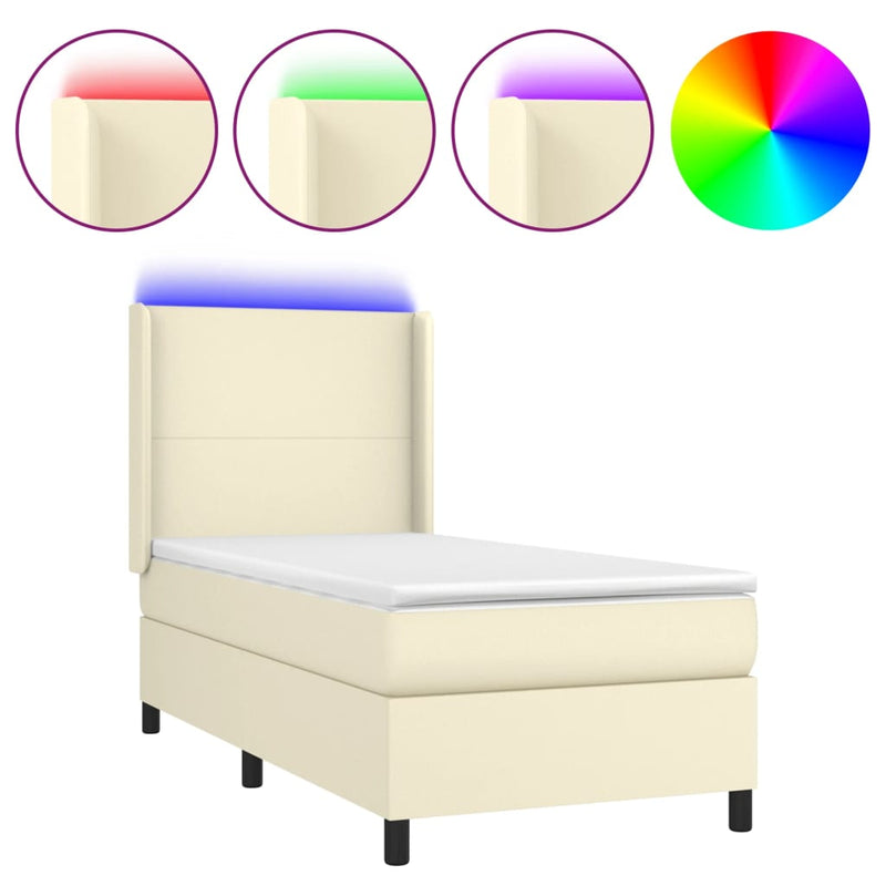 Pat continental cu saltea și LED, crem, 80x200 cm, piele eco
