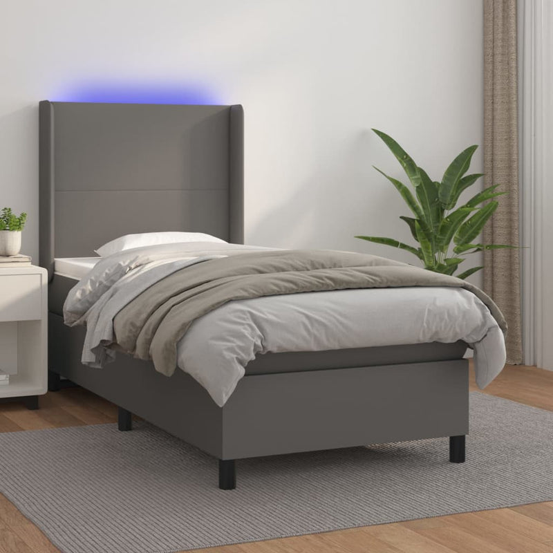 Pat continental cu saltea și LED, gri, 80x200 cm, piele eco