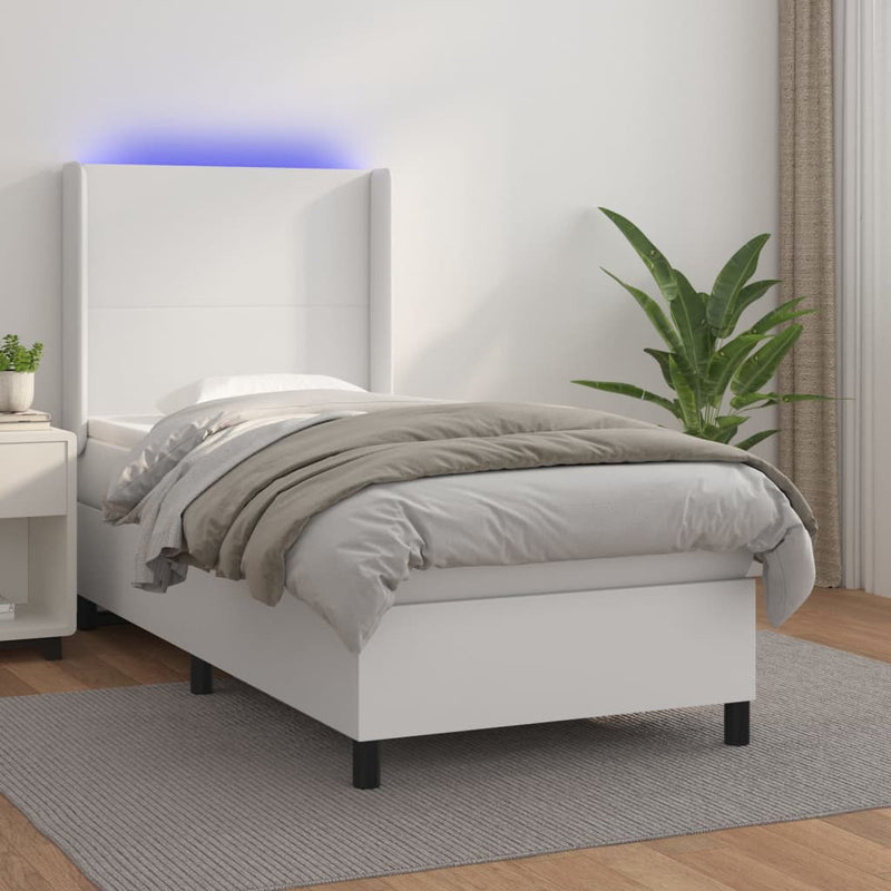 Pat continental cu saltea & LED, alb, 90x200 cm, piele eco