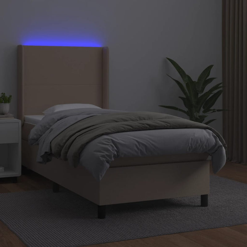 Pat cu arcuri, cu saltea și LED, cappuccino 90x200 cm piele eco
