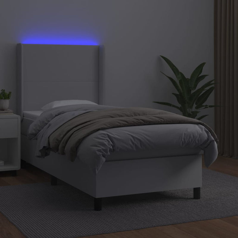 Pat cu arcuri, cu saltea și LED, alb, 100x200 cm, piele eco