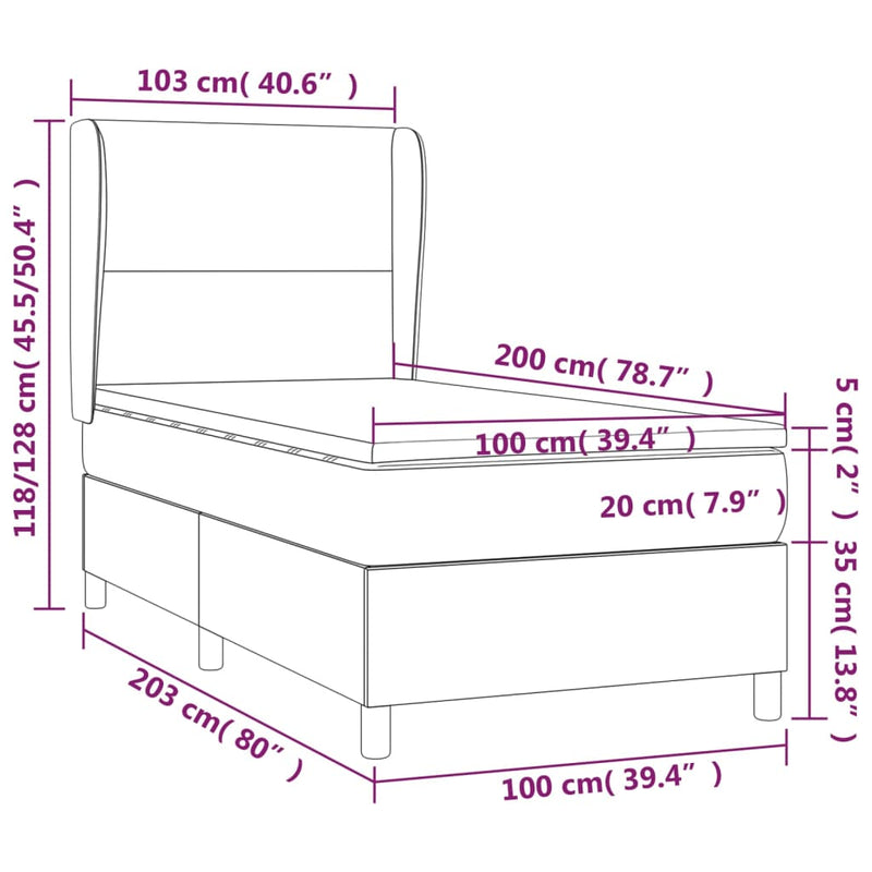 Pat cu arcuri, cu saltea și LED, alb, 100x200 cm, piele eco
