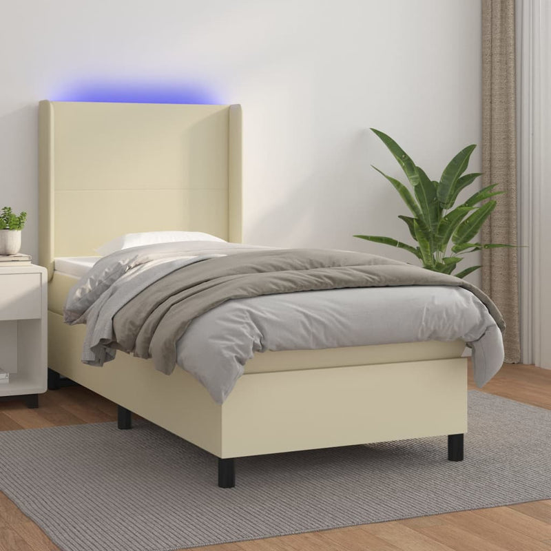Pat cu arcuri, saltea și LED, crem, 100x200 cm, piele ecologică