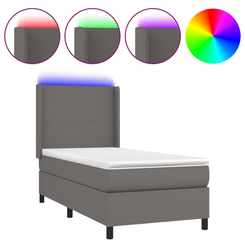 Pat cu arcuri, cu saltea și LED, gri, 100x200 cm, piele eco