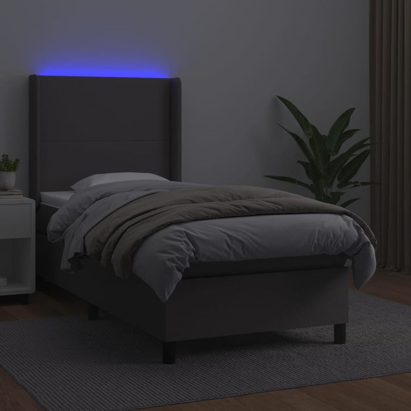 Pat cu arcuri, cu saltea și LED, gri, 100x200 cm, piele eco