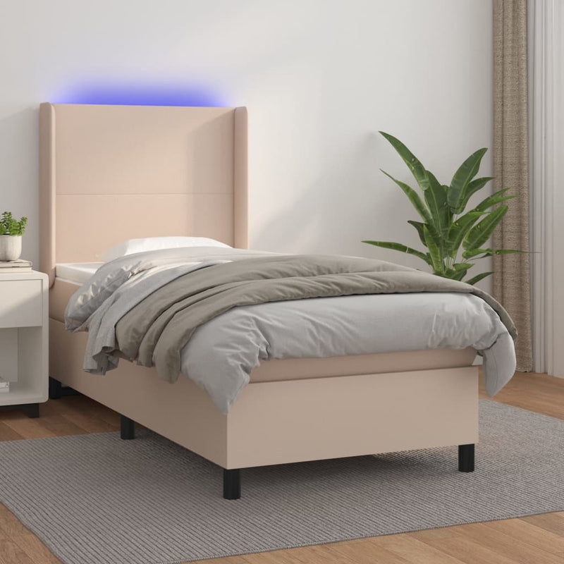 Pat box spring cu saltea, cappuccino, 100x200cm piele ecologică