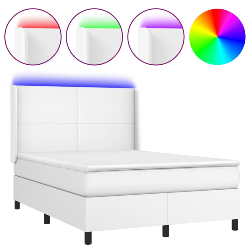Pat cu arcuri, cu saltea și LED, alb, 140x190 cm, piele eco