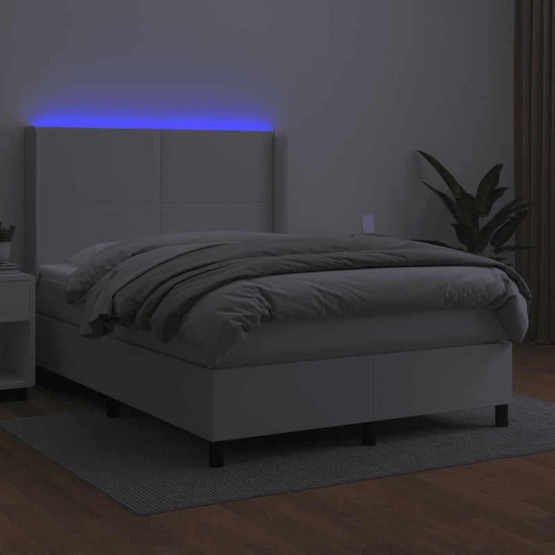 Pat cu arcuri, cu saltea și LED, alb, 140x190 cm, piele eco