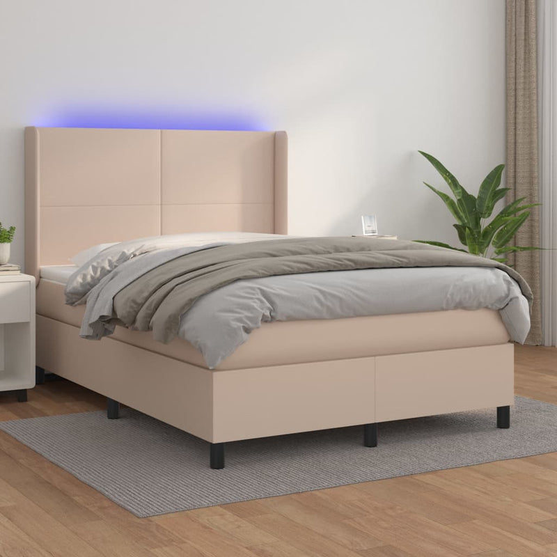 Pat box spring cu saltea, cappuccino, 140x190cm piele ecologică