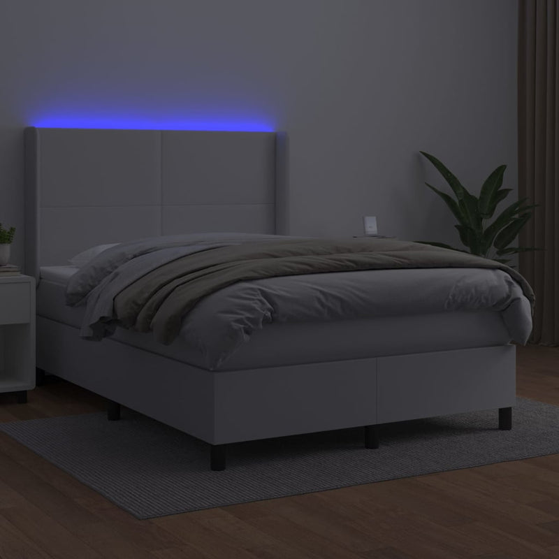 Pat cu arcuri, cu saltea și LED, alb, 100x200 cm, piele eco