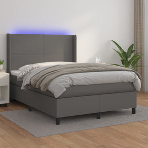 Pat cu arcuri, cu saltea și LED, gri, 140x200 cm, piele eco