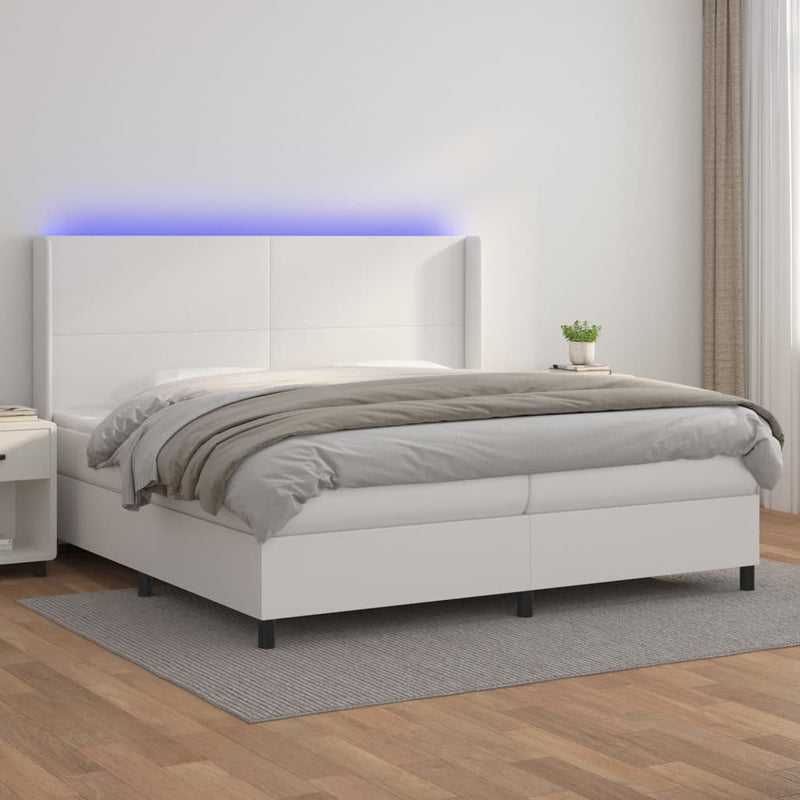 Pat cu arcuri, cu saltea și LED, alb, 200x200 cm, piele eco