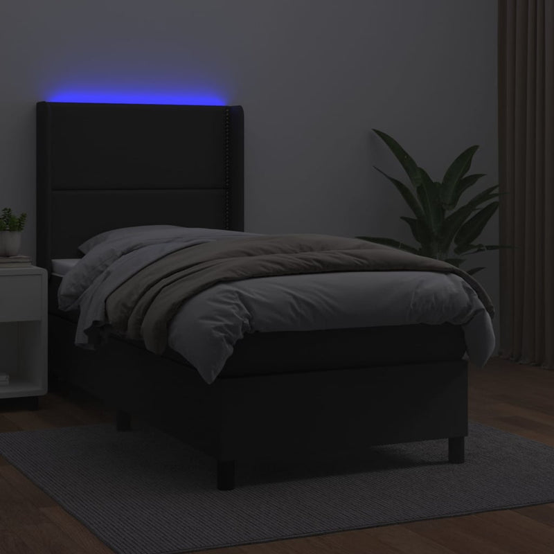 Pat cu arcuri, saltea și LED, negru, 90x190 cm, piele ecologică