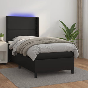 Pat cu arcuri, saltea și LED, negru, 100x200cm, piele ecologică