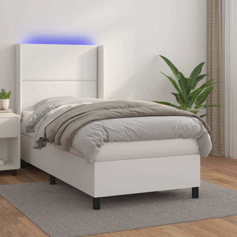 Pat cu arcuri, cu saltea și LED, alb, 100x200 cm, piele eco
