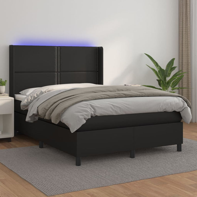 Pat cu arcuri, saltea și LED, negru, 140x200 cm, piele eco