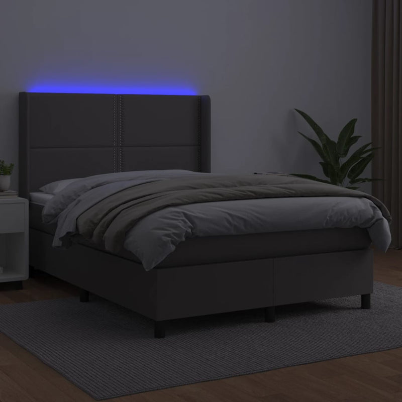 Pat cu arcuri, saltea și LED, gri, 140x200 cm, piele eco