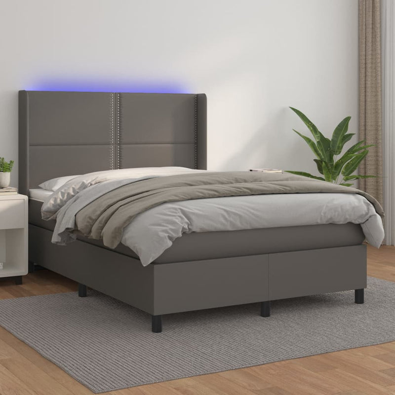 Pat cu arcuri, saltea și LED, gri, 140x200 cm, piele eco