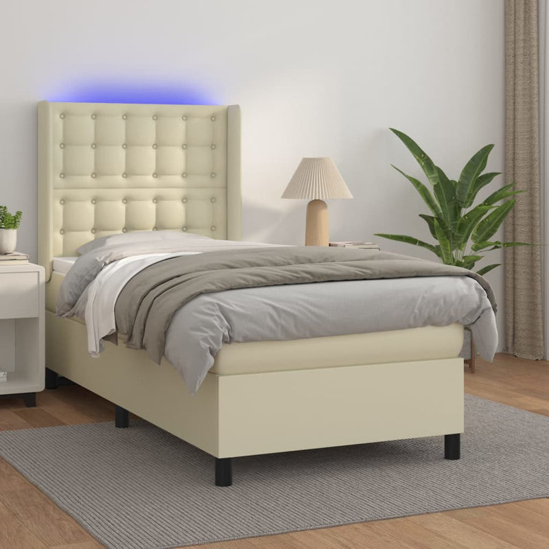 Pat continental cu saltea și LED, crem, 80x200 cm, piele eco