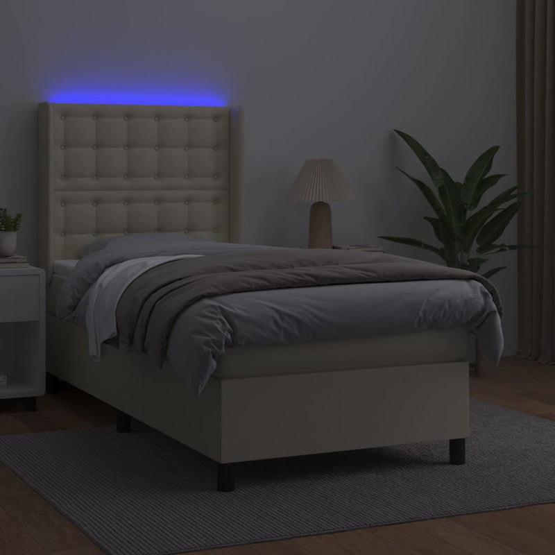 Pat cu arcuri, saltea și LED, crem, 90x190 cm, piele ecologică