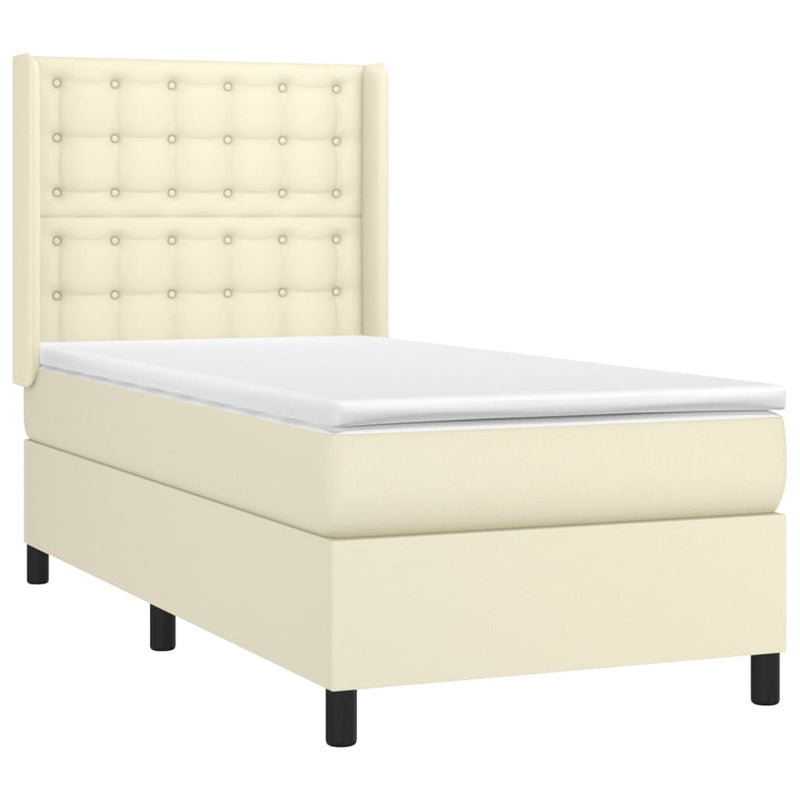 Pat cu arcuri, saltea și LED, crem, 90x190 cm, piele ecologică