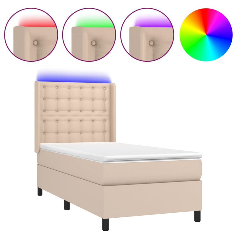 Pat cu arcuri, cu saltea și LED cappuccino 90x190 cm, piele eco