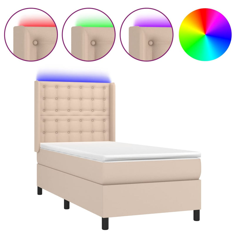 Pat cu arcuri, cu saltea și LED, cappuccino 90x200 cm piele eco