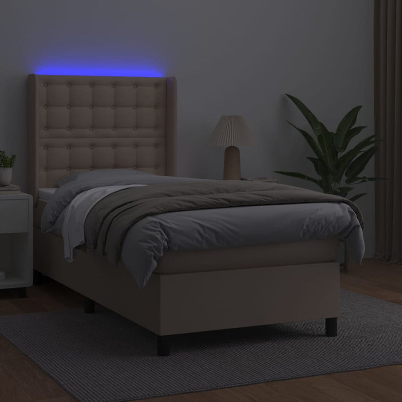 Pat cu arcuri, cu saltea și LED, cappuccino 90x200 cm piele eco