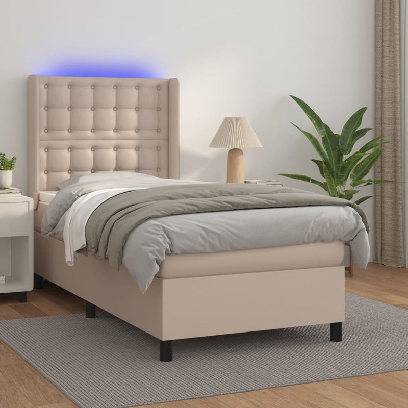 Pat cu arcuri, cu saltea și LED, cappuccino 90x200 cm piele eco