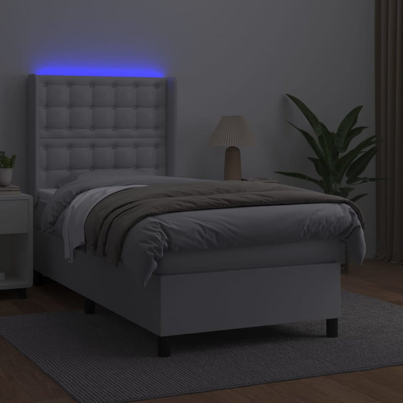 Pat cu arcuri, saltea și LED, alb, 100x200 cm, piele ecologică