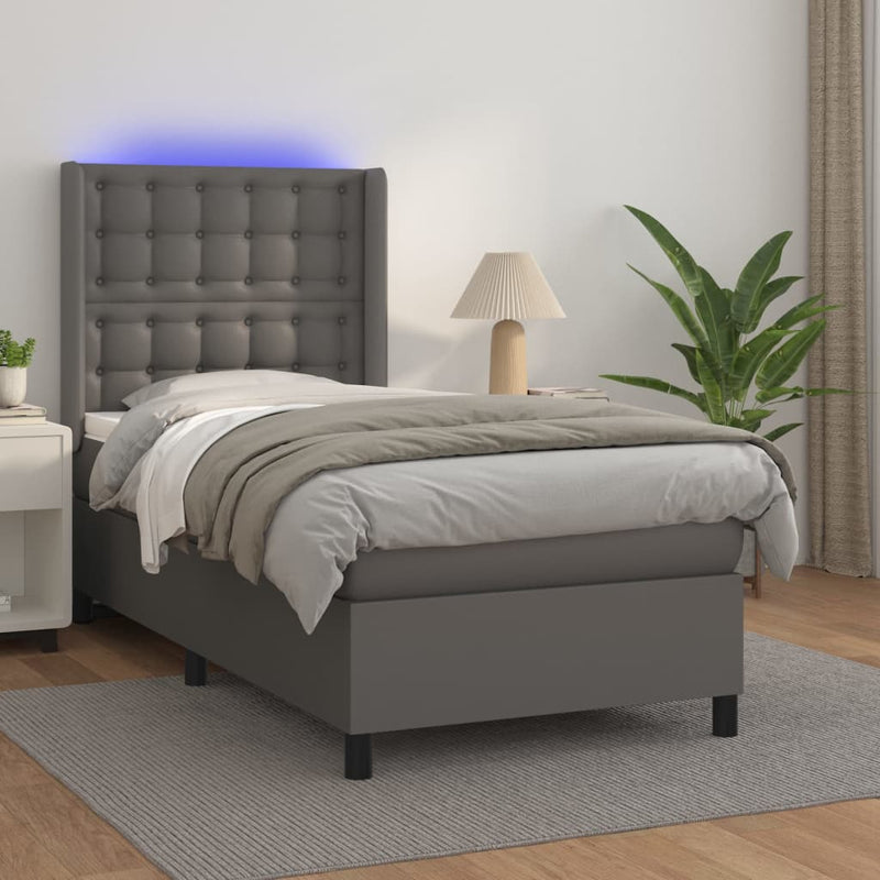 Pat cu arcuri, saltea și LED, gri, 100x200 cm, piele ecologică