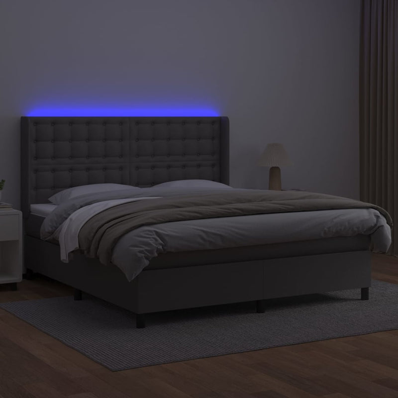 Pat cu arcuri, saltea și LED, gri, 160x200 cm, piele ecologică