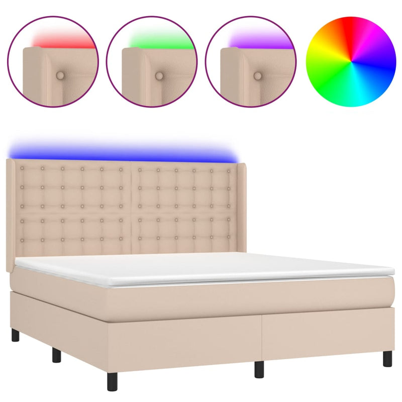 Pat cu arcuri, cu saltea și LED, cappuccino 160x200cm piele eco