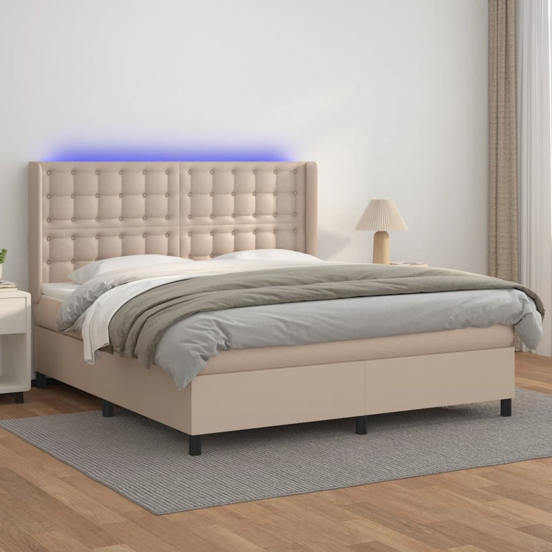Pat cu arcuri, cu saltea și LED, cappuccino 160x200cm piele eco