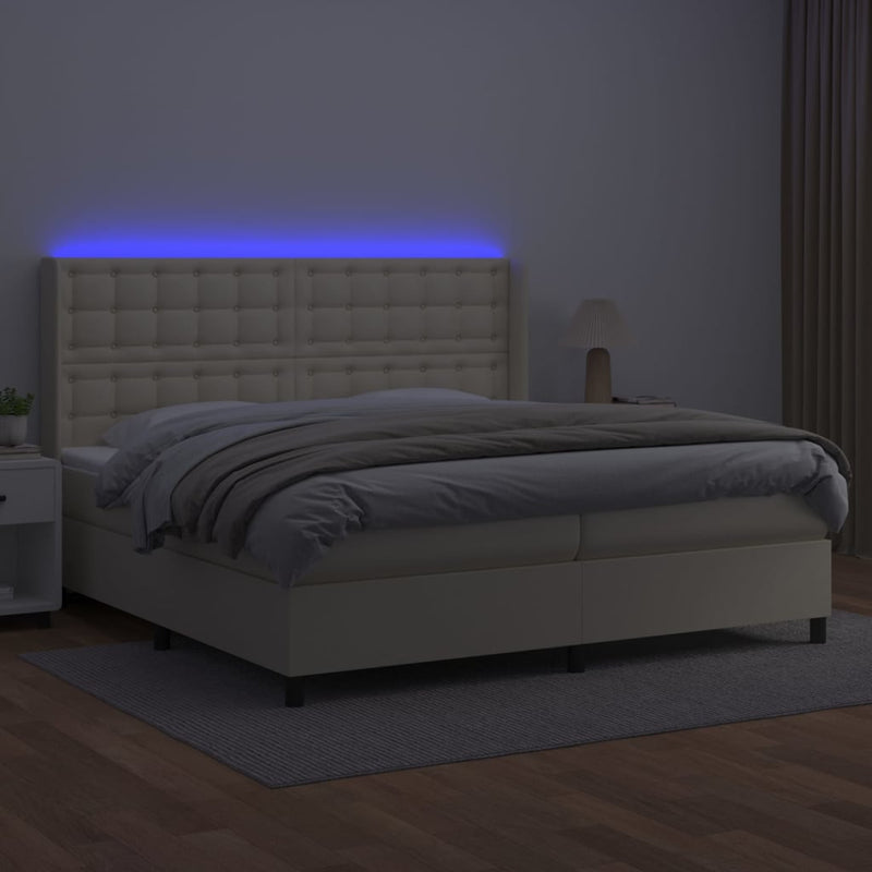 Pat cu arcuri, saltea și LED, crem, 200x200 cm, piele ecologică